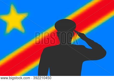 Solder Silhouette On Blur Background With Dr Congo Flag.