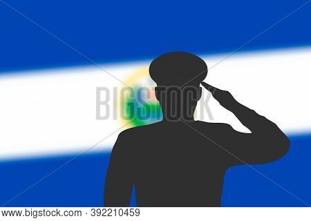 Solder Silhouette On Blur Background With El Salvador Flag.
