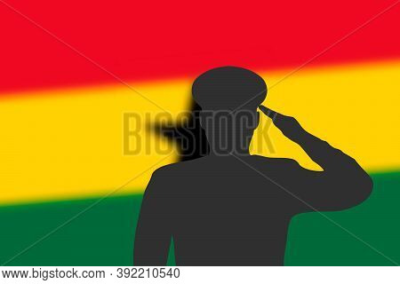 Solder Silhouette On Blur Background With Ghana Flag.