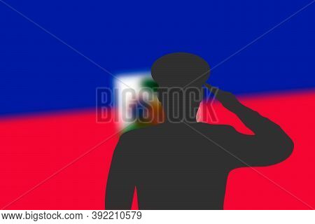 Solder Silhouette On Blur Background With Haiti Flag.