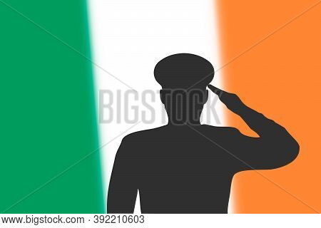 Solder Silhouette On Blur Background With Ireland Flag.