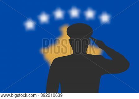 Solder Silhouette On Blur Background With Kosovo Flag.