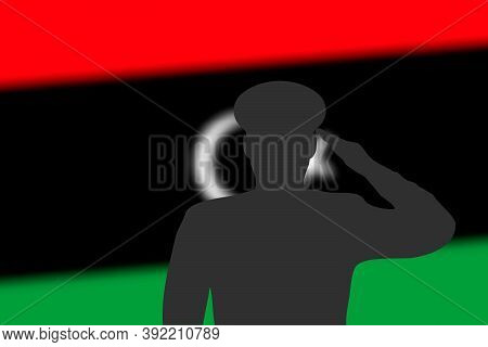 Solder Silhouette On Blur Background With Libya Flag.