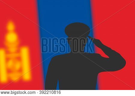 Solder Silhouette On Blur Background With Mongolia Flag.