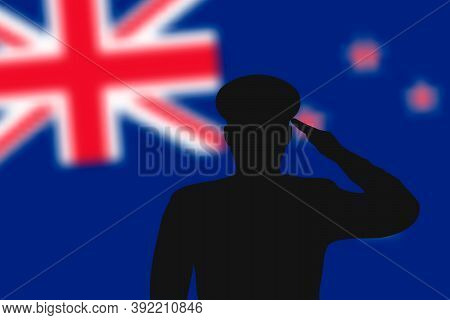 Solder Silhouette On Blur Background With New Zealand Flag.