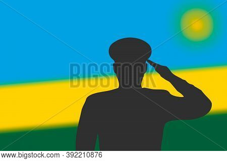Solder Silhouette On Blur Background With Rwanda Flag.