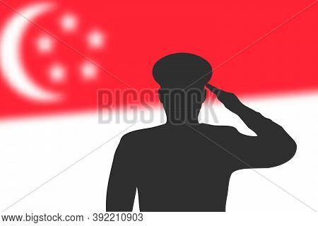 Solder Silhouette On Blur Background With Singapore Flag.