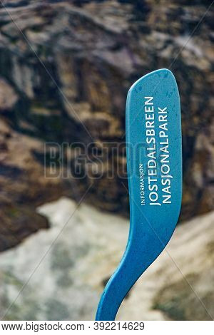 Jostedalsbreen National Park, Norway- 31 July 2018: Jostedalsbreen National Park Information Board.