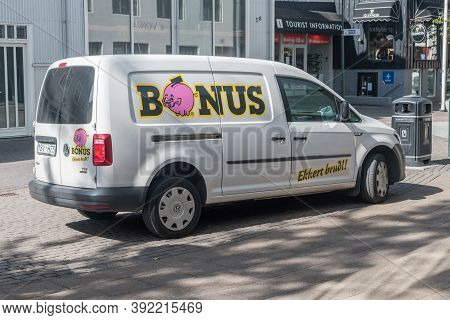 Reykjavik, Iceland - June 21, 2020: Car Belong To Bonus Shop. Bonus Is An Icelandic Supermarket Chai