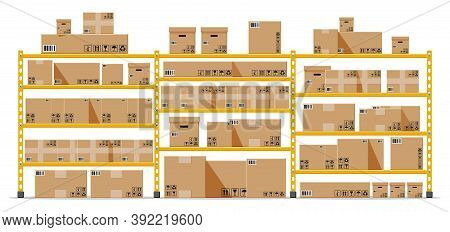 Metallic Shelves With Carton Brown Boxes. Goods And Container Package. Pile Cardboard Boxes Set. Del