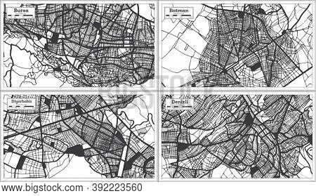 Diyarbakir, Batman, Denizli and Bursa Turkey City Maps Set in Black and White Color in Retro Style. Outline Maps.