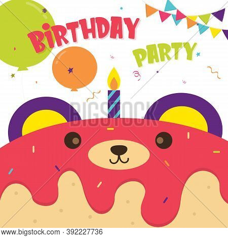 Vector Illustration Of Happy Birthday Animal Animal Cake With Candles , Balloon Decoration For Greet