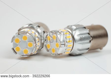 Car 12v Led Bulbs For Headlight. Isolate On White Background