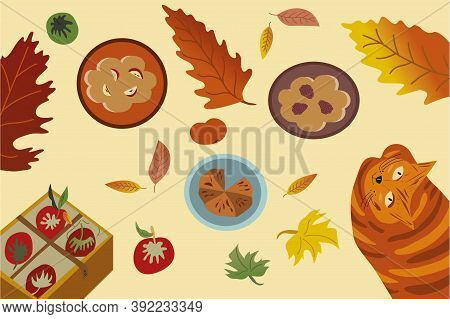 Autumn Composition Yellow Red Green Leaves Blueberry Pie Apple Box Ginger Cat Apple Pie Cozy Atmosph