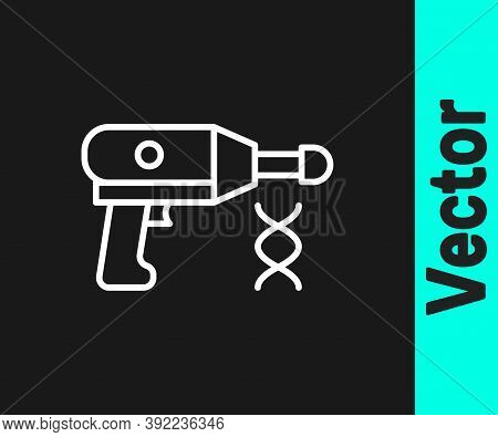 White Line Transfer Liquid Gun In Biological Laborator Icon Isolated On Black Background. Vector