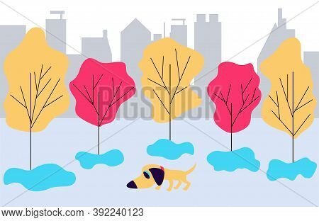 Street In Flat Style. Trees Puddles City Silhouette. The Dog Walks On The Street And Runs On The Gro