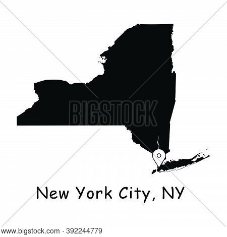New York City On New York State Map. Detailed Ny State Map With Location Pin On Nyc City. Black Silh