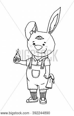 Halloween Line Art Rabbit With A Third Eye In A Jumpsuit With A Doll In One Hand And A Flame In The 