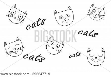 Pattern Of Characters Of Cat Faces With Different Emotions Doodle Set Vector Illustration Collection