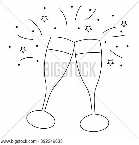 Two Champagne Glasses Toasting Celebration - Black And White Simple Outline Vector Hand Drawn Illust