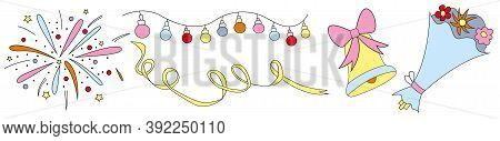 Collection Of Festive Multicolored Icons Salute Fireworks, Ribbon, Garland, Bouquet Of Flowers, Bell