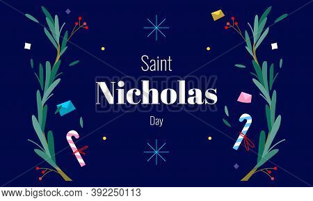 Saint Nicholas Day - December 6th - Horizontal Banner Template Decorated With Candy Canes, Branches 