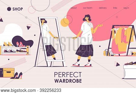 Wardrobe Landing Page Template. Fashionable Woman Looking At The Mirror. Style For Youth Banner, Goo