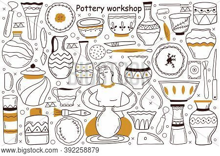 Pottery Workshop Doodle Set. Collection Of Hand Drawn Sketches Templates Patterns Of Woman Craftsman