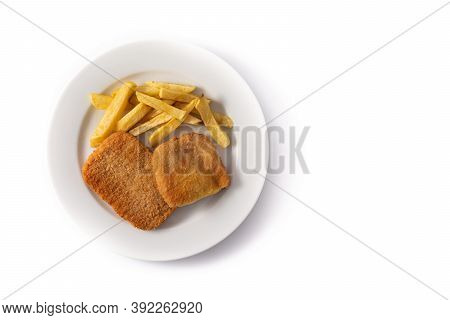 San Jacobo Steak Filled With Cheese And Ham Isolated On White Background. Top View. Copy Space