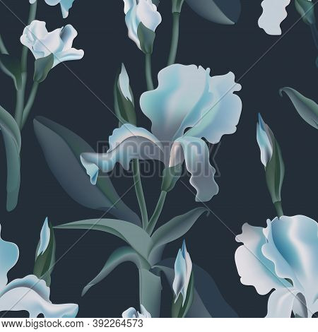 Irises Flower Seamless Pattern Dark Blue Backgroud. Vector Illustration Watercolor Drawn. Interior W