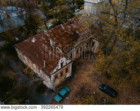 Old Abandoned Haunted Mansion, Aerial View. Former Mercant Gardenin House, Voronezh