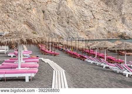 Perissa, Santorini Island, Greece- 19 September 2020: Top View Of Perissa Beach On The Greek Island 