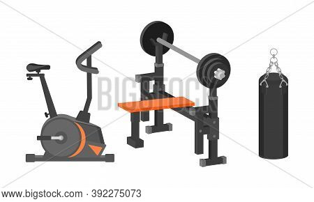 Sport Equipment With Punching Bag And Cycle Ergometer Vector Set