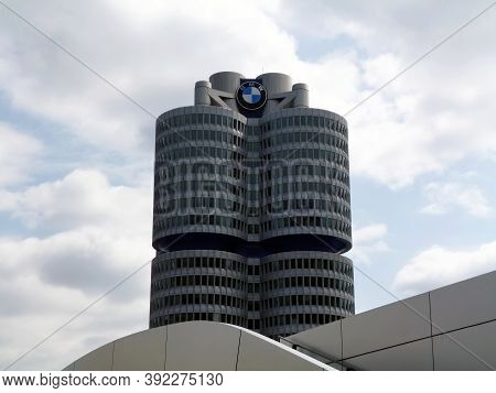 Munich / Germany - Juin 20, 2012: Bmw Headquarters In Munich. Four Cylinder Tower. Innovative Buildi