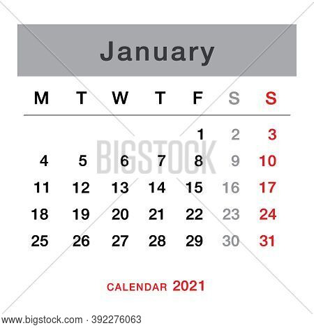 January 2021 Planning Calendar . Simple January  2021 Calendar. Week Starts From Monday. Template Of