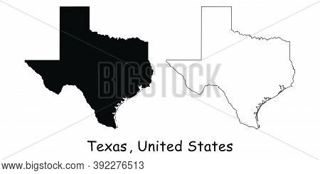 Texas Tx State Map Usa. Black Silhouette And Outline Isolated Maps On A White Background. Eps Vector
