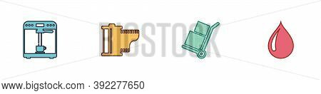 Set Coffee Machine And Cup, Camera Film Roll Cartridge, Hand Truck Boxes And Water Drop Icon. Vector
