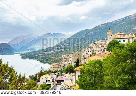 Scenic View To Barrea And The Barrea Lake In Italy