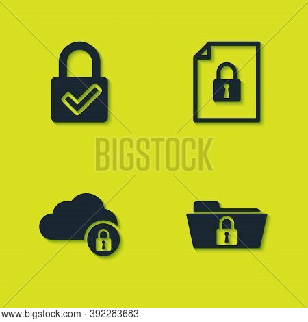 Set Lock And Check Mark, Folder Lock, Cloud Computing And Document Icon. Vector