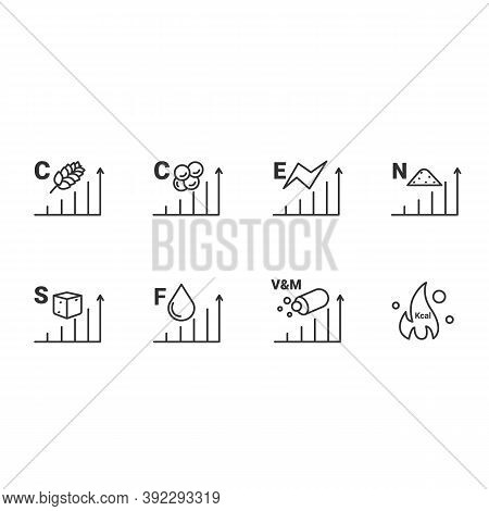 Nutrition Supplements Content Line Icons Set. Energy Value. Healthy, Balanced Eating. Fats, Carbs, V