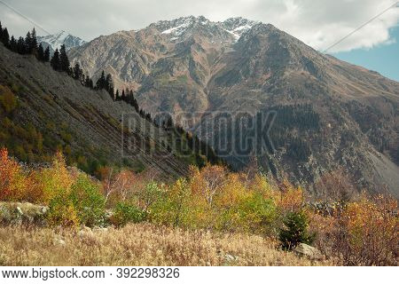 Autumn In Chalaadi Glacier, Mestia, Svaneti Region, Georgia, Caucasus. Hiking.