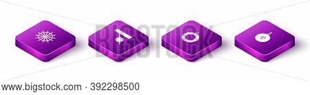 Set Isometric Ship Steering Wheel, Pirate Eye Patch, Lifebuoy And Bomb Ready To Explode Icon. Vector