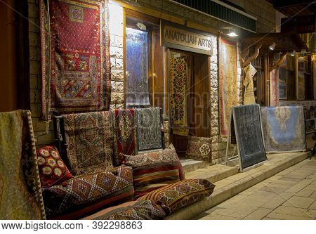 Carpet Shop On The Street Of Old Town Kaleici At Night Time, Antalya Turkey 24 September 2019