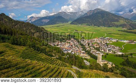 Aerial View Of The Historic Center Of Burgusio, Malles,  And The Prince's Castle, Val Venosta, South