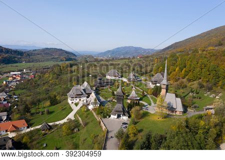 Barsana, Romania - October 28, 2020: View of Barsana Wooden Monastery site in Maramures County, Romania.