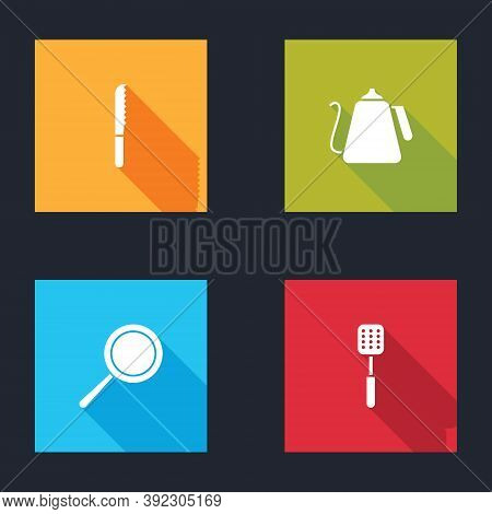 Set Bread Knife, Kettle With Handle, Frying Pan And Spatula Icon. Vector