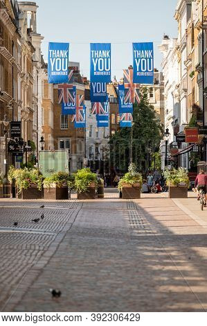 London - September 12, 2020: Thank You To Front Line Workers Banners And Union Jack Flags Above Cobb