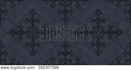 Black Floral Damsk Onament Seamless Patternon Color Background. Design For Fabric, Apparel Textile, 