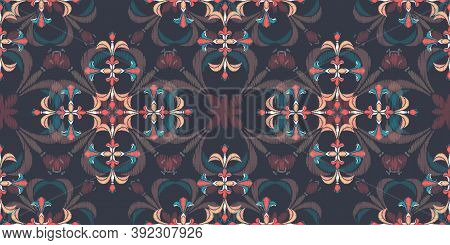 Uzbek Ikat Silk Fabric Pattern, Motif Ethnic Indigo Blue And White Colors. Tite Repit Pattern.