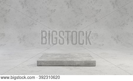 Concrete Pedestal Isolated On Grey Cement Background. 3d Rendered Minimalistic Abstract Background C